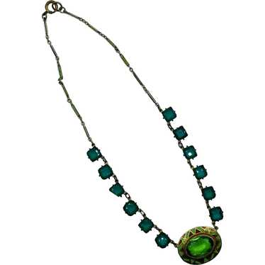 Antique Green and Brown Enamel Green Glass Neckla… - image 1