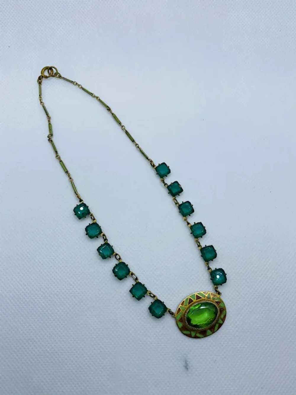Antique Green and Brown Enamel Green Glass Neckla… - image 2