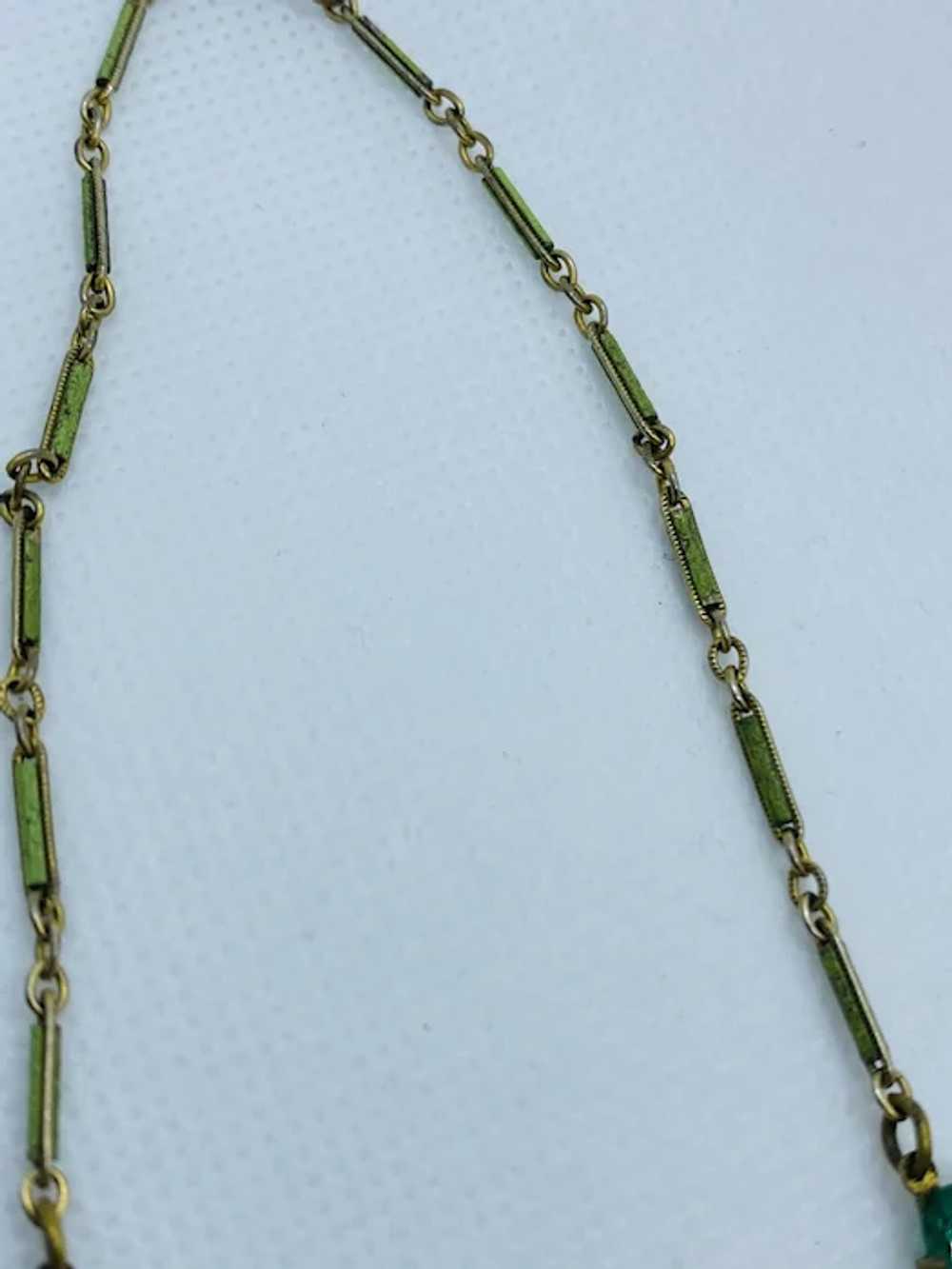 Antique Green and Brown Enamel Green Glass Neckla… - image 3