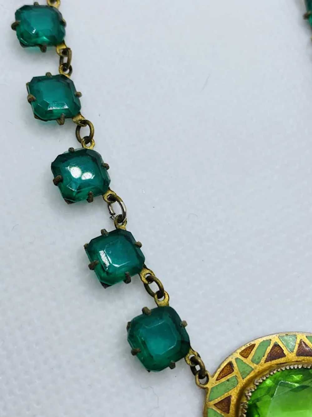 Antique Green and Brown Enamel Green Glass Neckla… - image 9