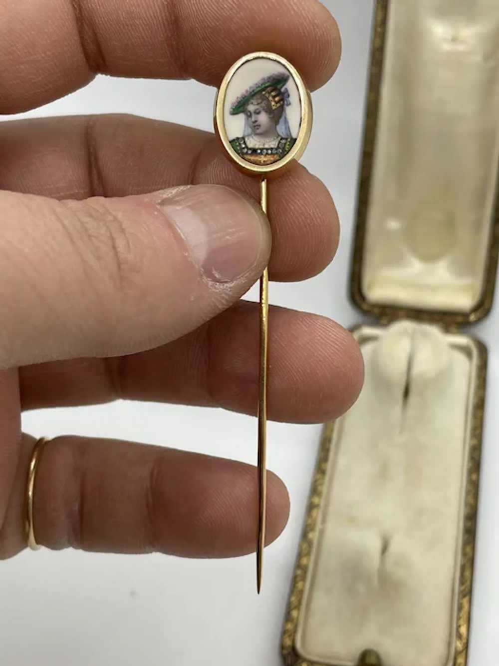 Antique French Enamel Diamond Stick Pin with Box - image 7
