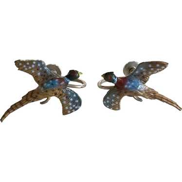 Vintage Hand Painted Celluloid Pheasant Earrings