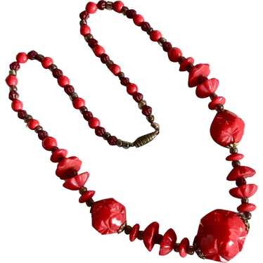 Vintage Red Carved Czech Glass Bead Necklace - image 1