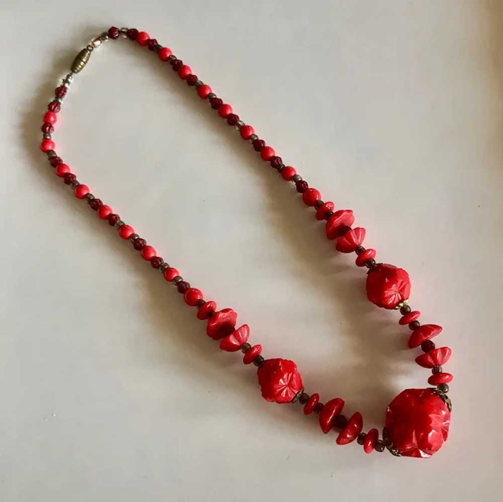 Czech Red Pressed Glass Bead Necklace - Garden Party Collection Vintage  Jewelry