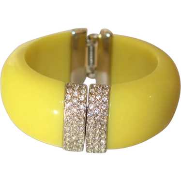 Lemon Yellow Lucite and Rhinestone Clamper Bracel… - image 1