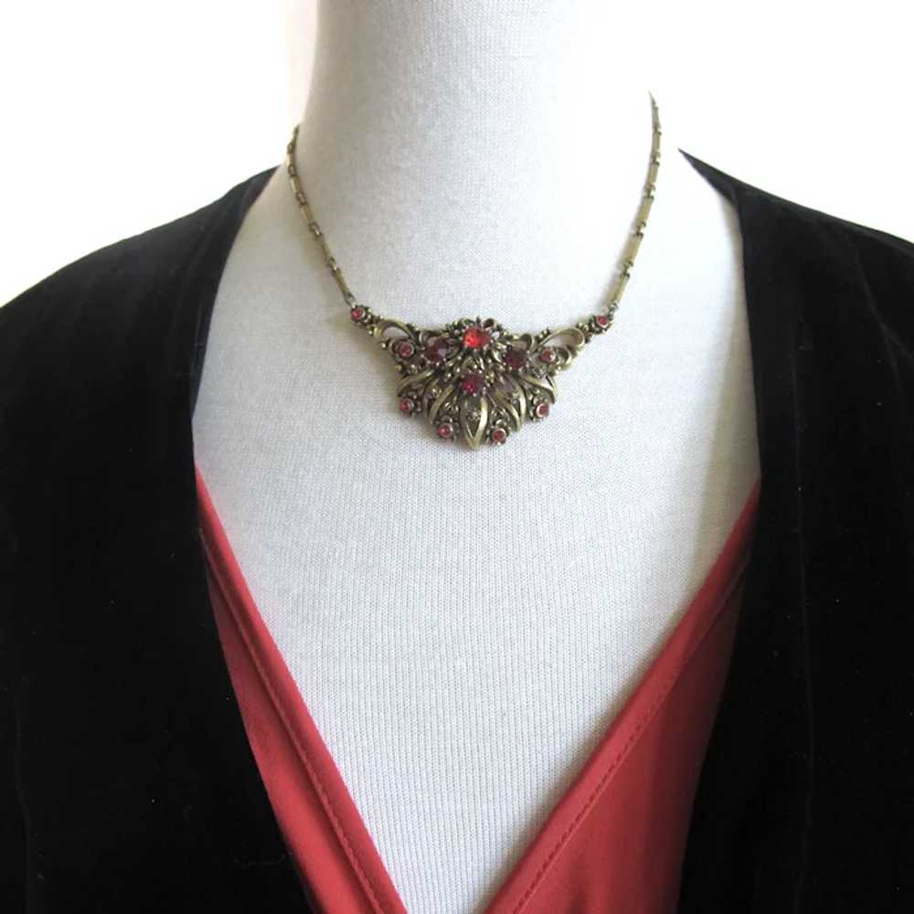 Vintage Coro Antiqued Gold Tone Red Rhinestone Ch… - image 10