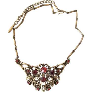 Vintage Coro Antiqued Gold Tone Red Rhinestone Ch… - image 1