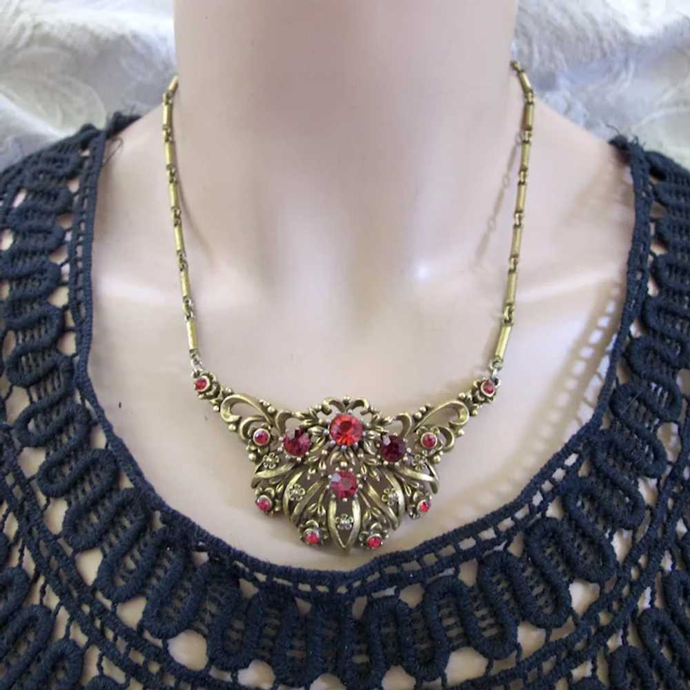 Vintage Coro Antiqued Gold Tone Red Rhinestone Ch… - image 2