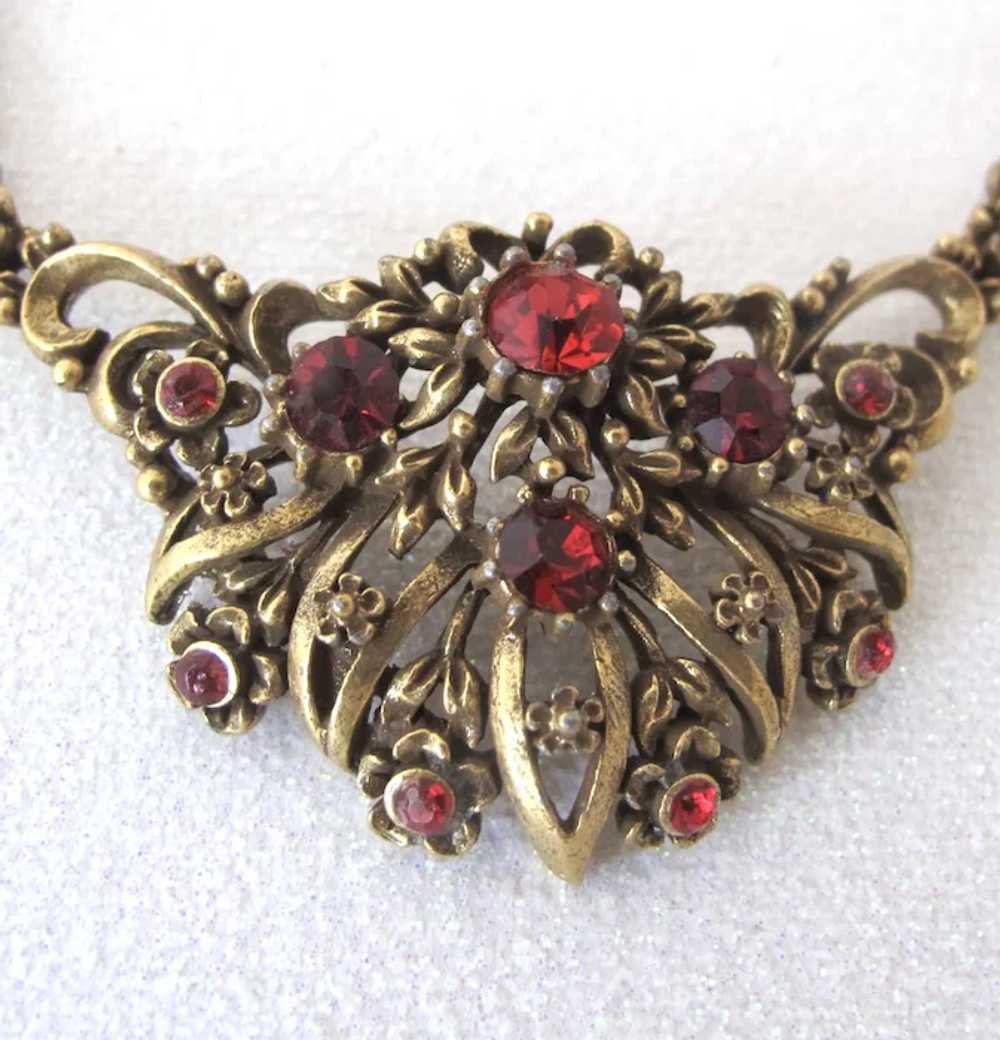 Vintage Coro Antiqued Gold Tone Red Rhinestone Ch… - image 4