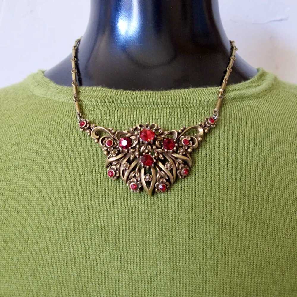 Vintage Coro Antiqued Gold Tone Red Rhinestone Ch… - image 6