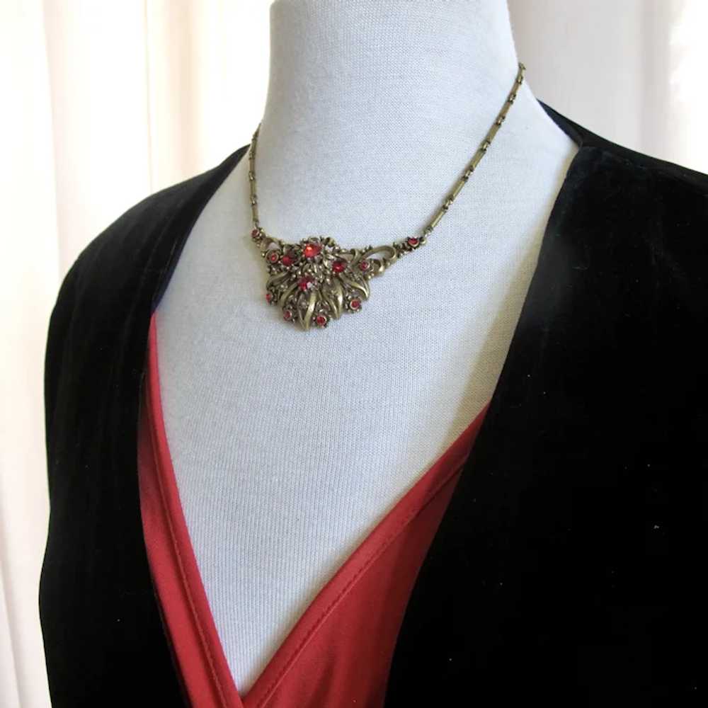 Vintage Coro Antiqued Gold Tone Red Rhinestone Ch… - image 7
