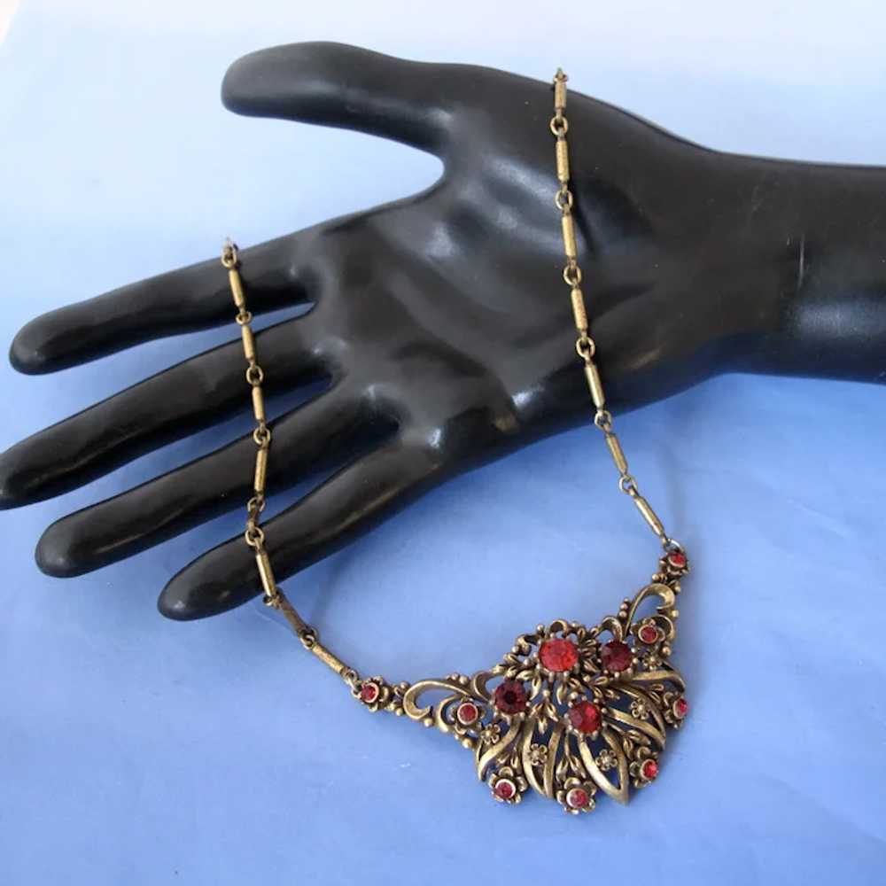 Vintage Coro Antiqued Gold Tone Red Rhinestone Ch… - image 8