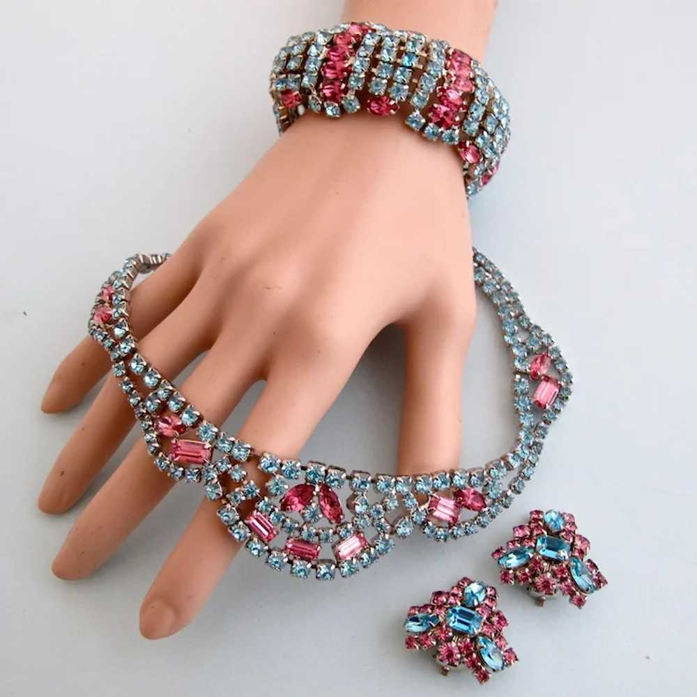 Vintage Rhinestone Parure in Light Blue and Pink … - image 3