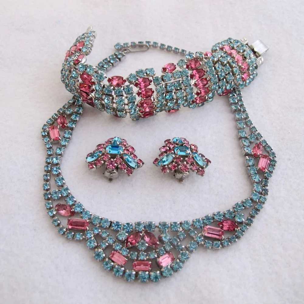 Vintage Rhinestone Parure in Light Blue and Pink … - image 4
