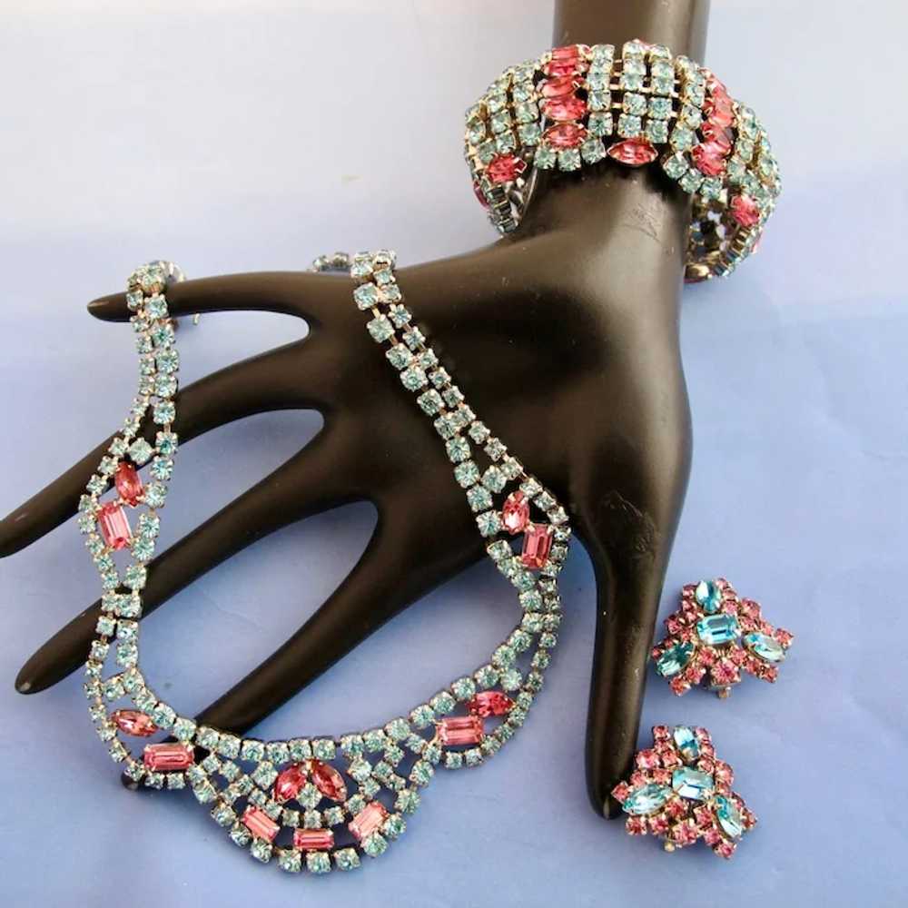 Vintage Rhinestone Parure in Light Blue and Pink … - image 7