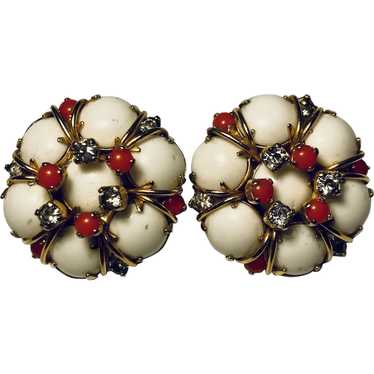 Hattie Carnegie Earrings White and Red Faux Coral… - image 1