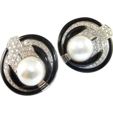Large Mabe Pearl Diamond Earrings Diamond Onyx Ea… - image 1
