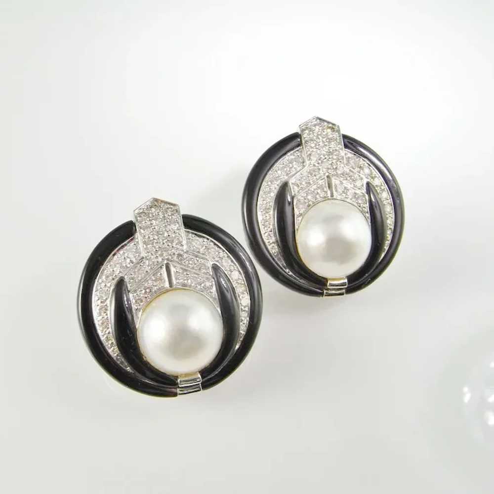 Large Mabe Pearl Diamond Earrings Diamond Onyx Ea… - image 2