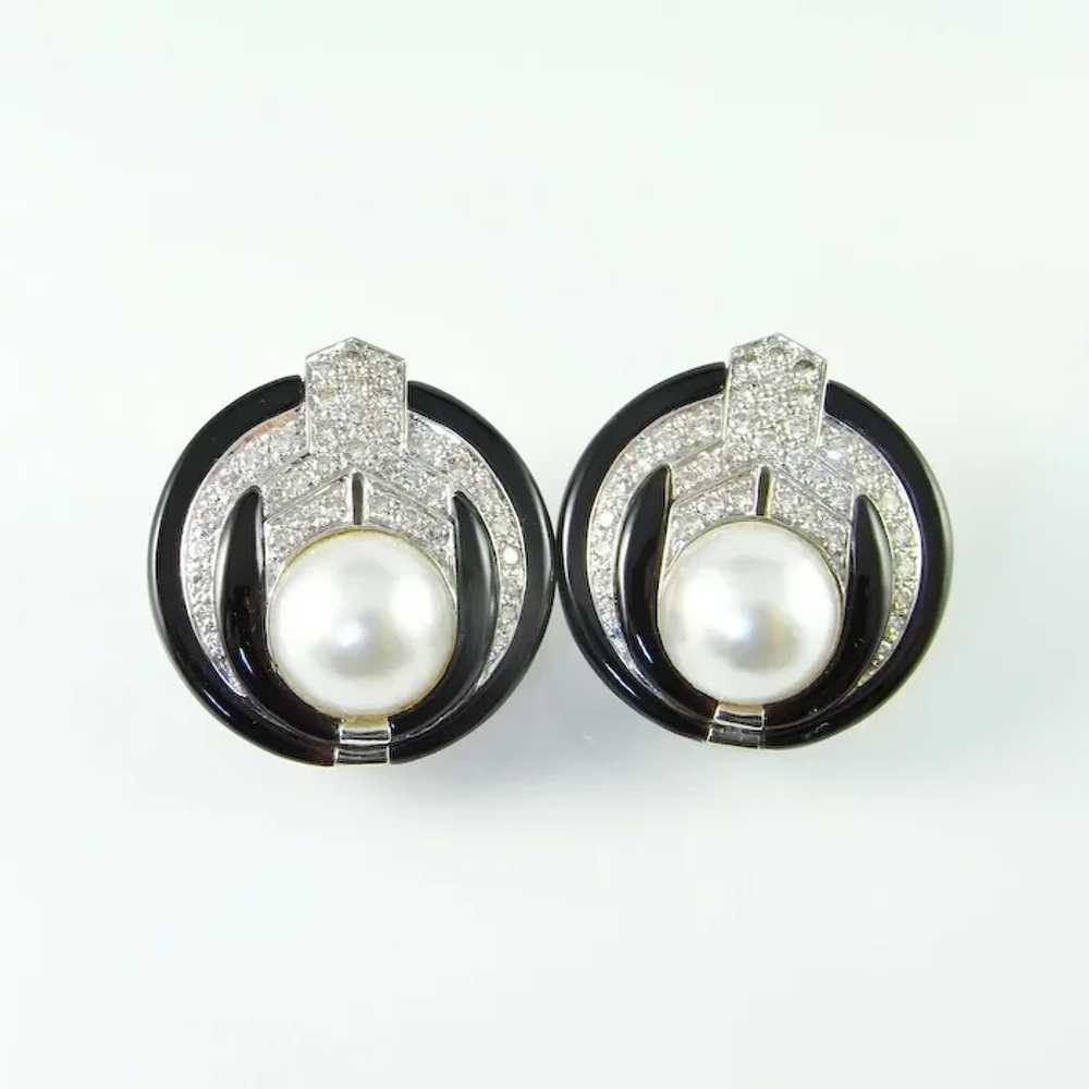 Large Mabe Pearl Diamond Earrings Diamond Onyx Ea… - image 3
