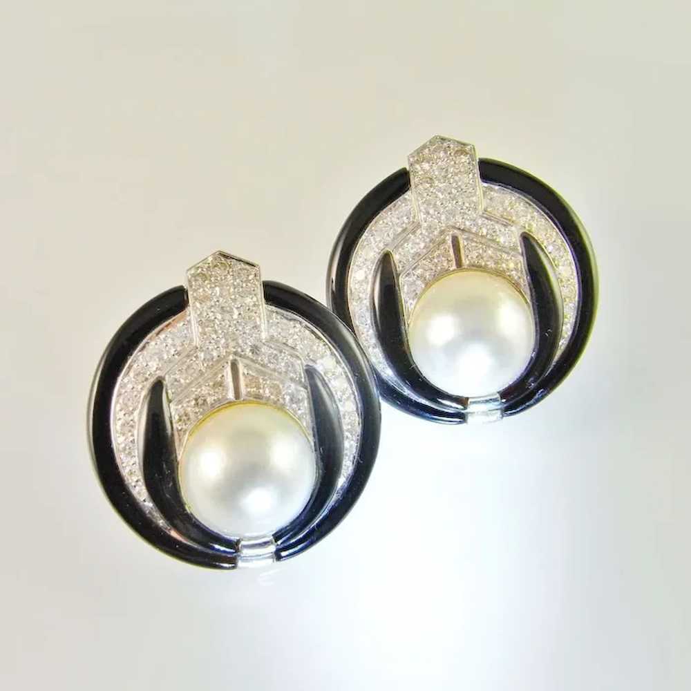 Large Mabe Pearl Diamond Earrings Diamond Onyx Ea… - image 5