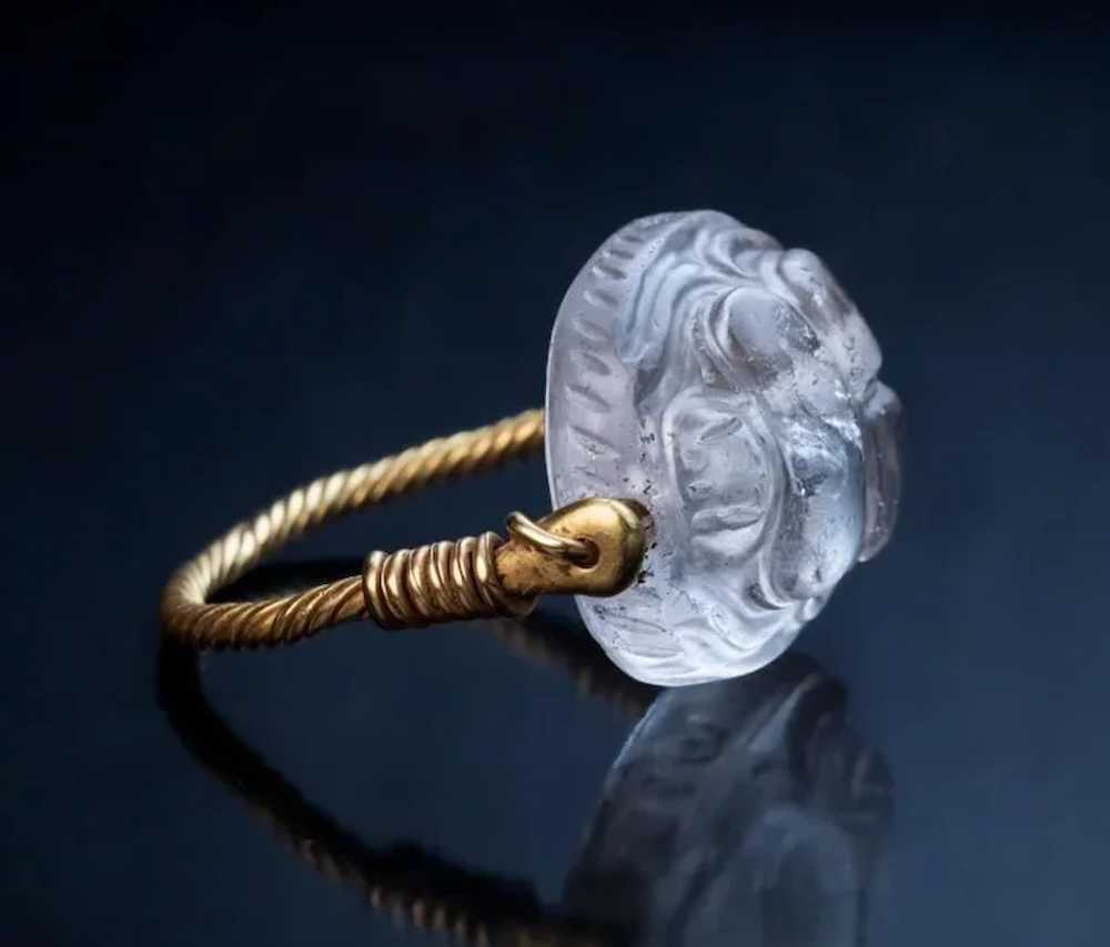 Ancient Greek Rock Crystal Gold Swivel Signet Ring - image 3