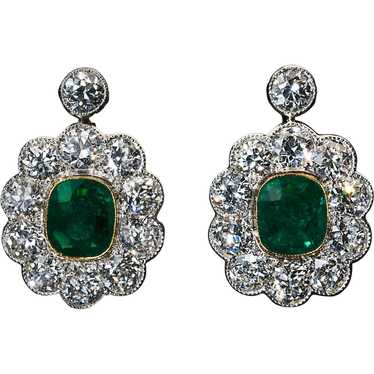 Antique Emerald Diamond Platinum Gold Earrings