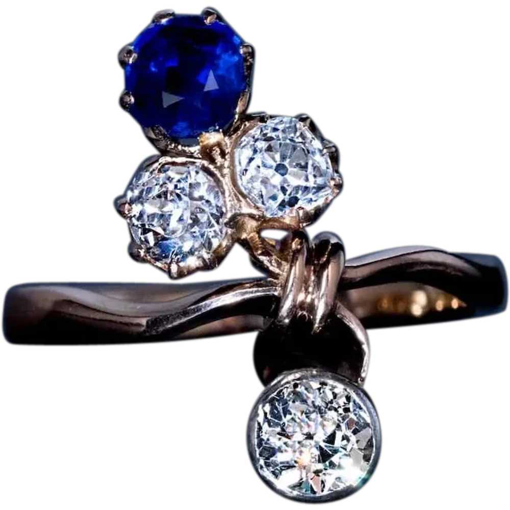 Art Nouveau Sapphire Diamond Gold Flower Ring - image 1