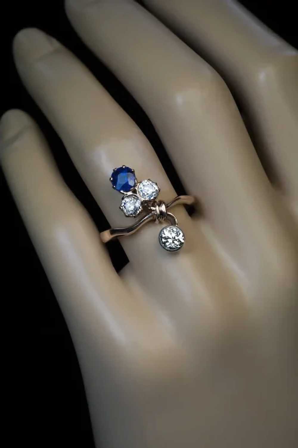 Art Nouveau Sapphire Diamond Gold Flower Ring - image 2