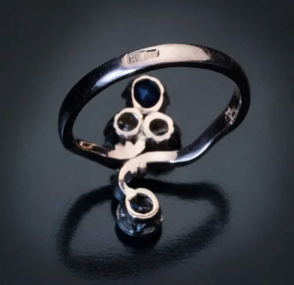 Art Nouveau Sapphire Diamond Gold Flower Ring - image 3