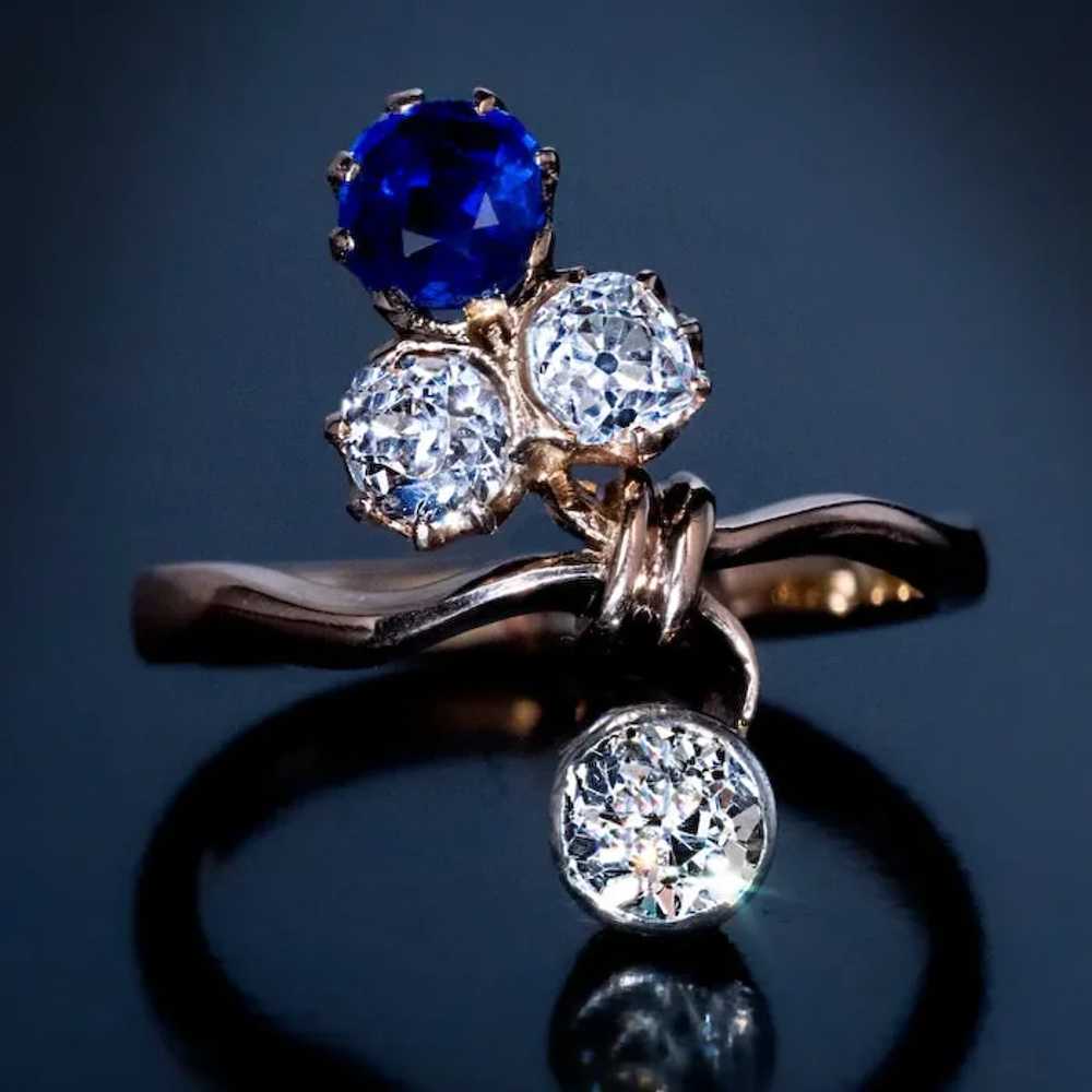 Art Nouveau Sapphire Diamond Gold Flower Ring - image 4