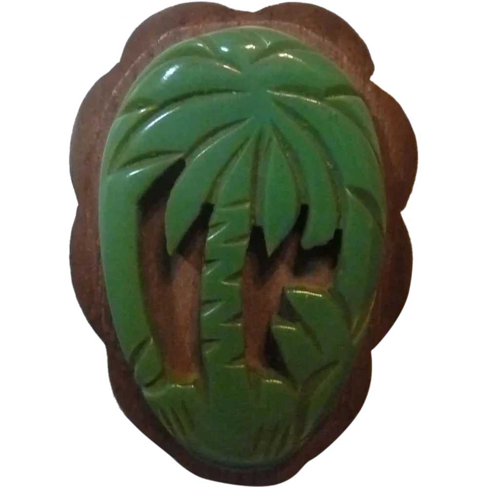 1930'S Wood & Carved Green Bakelite Palm Tree Dre… - image 1