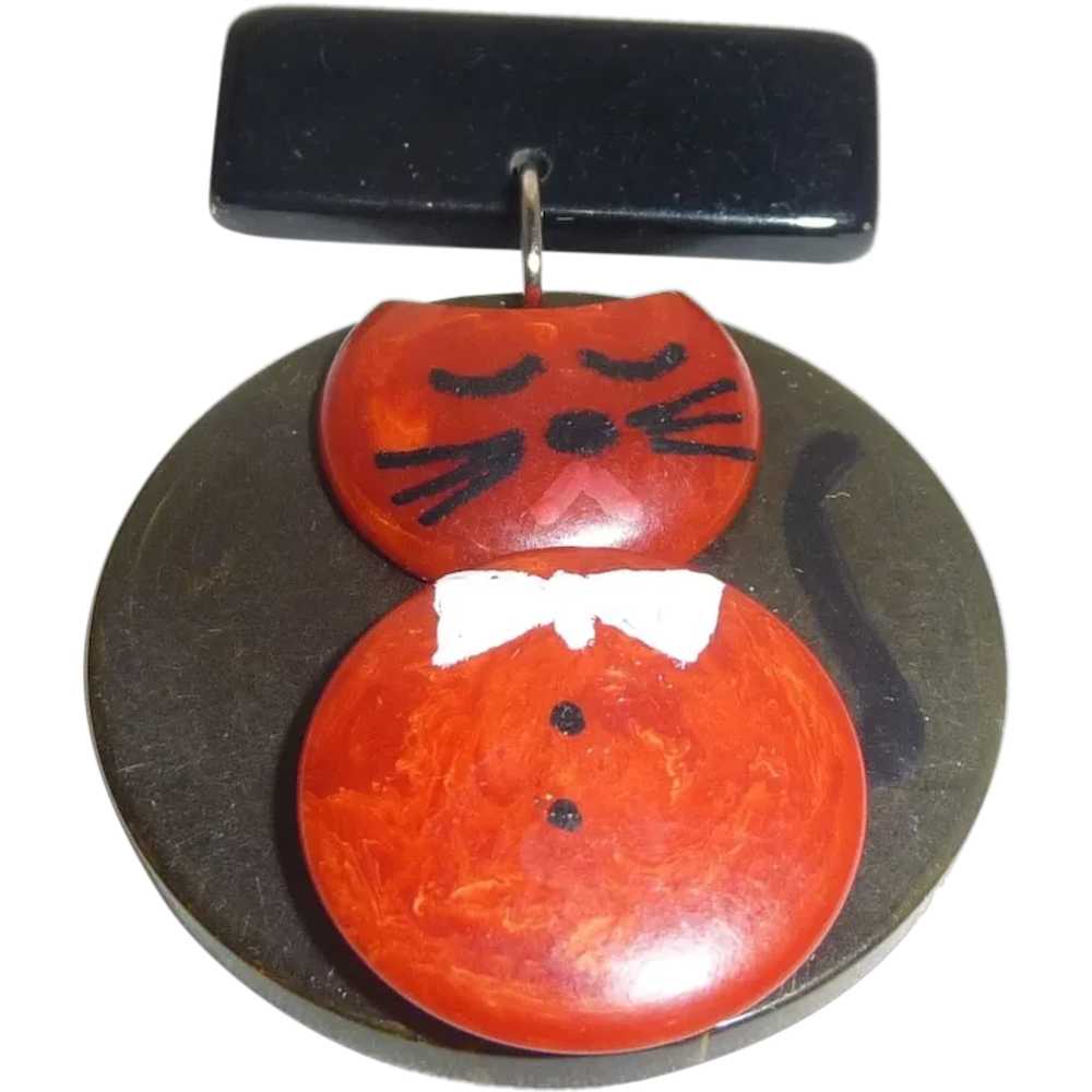 BAKELITE 3D Cat Kitten Dangle Disk Charm Pin Mart… - image 1