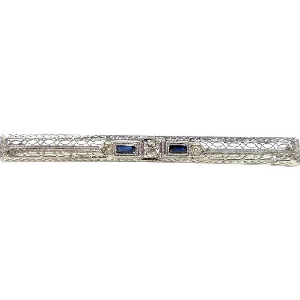 Filigree Edwardian Sapphire Diamond Bar Brooch c.… - image 1