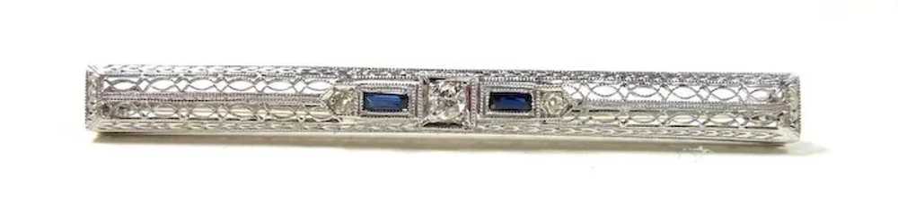 Filigree Edwardian Sapphire Diamond Bar Brooch c.… - image 5