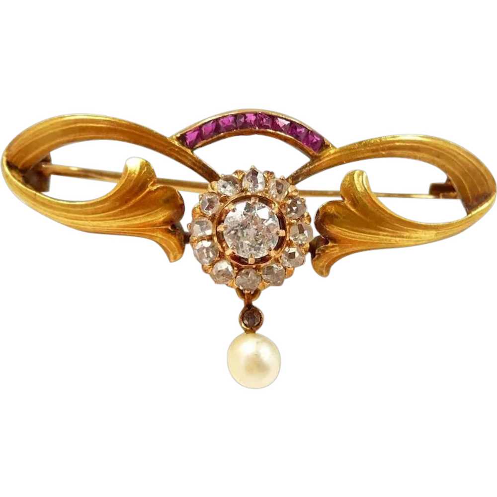 Artistic Art Nouveau Ruby Diamond Pearl Brooch c.… - image 1