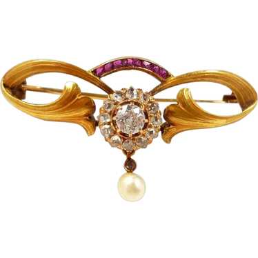 Artistic Art Nouveau Ruby Diamond Pearl Brooch c.… - image 1