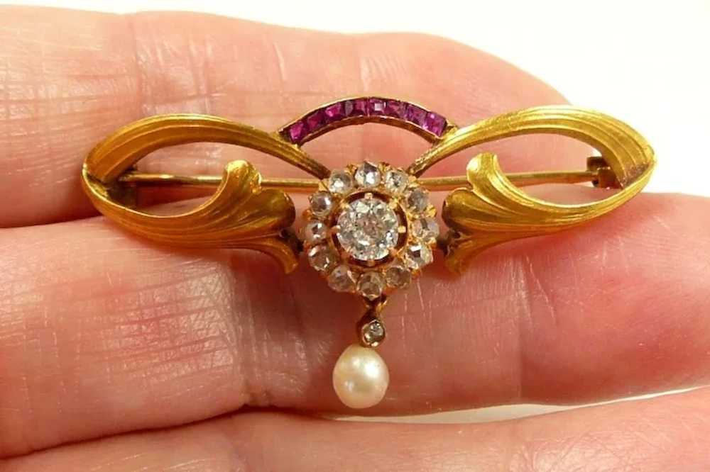 Artistic Art Nouveau Ruby Diamond Pearl Brooch c.… - image 2