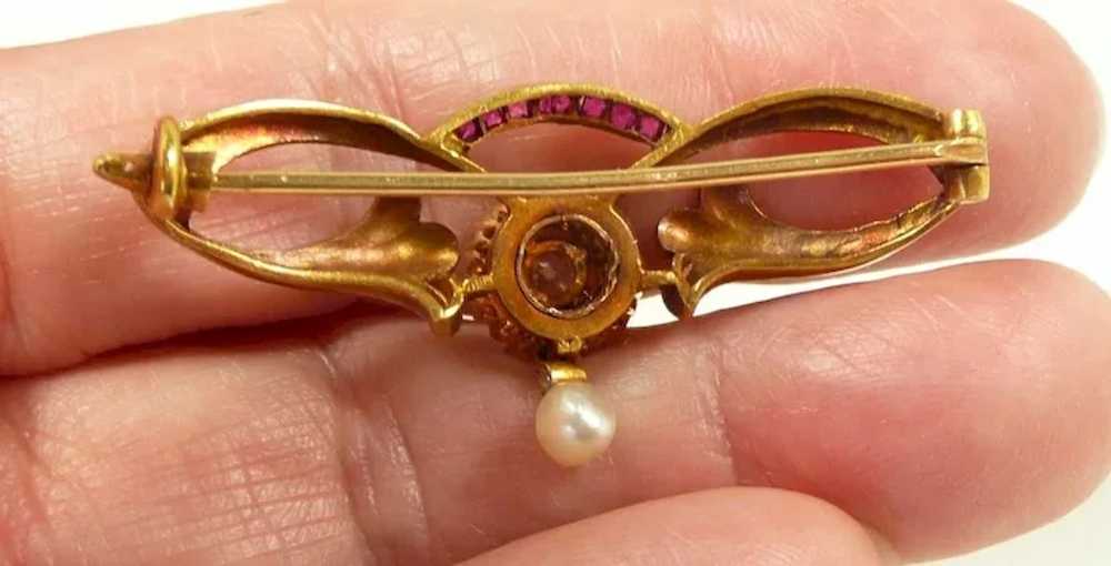 Artistic Art Nouveau Ruby Diamond Pearl Brooch c.… - image 3