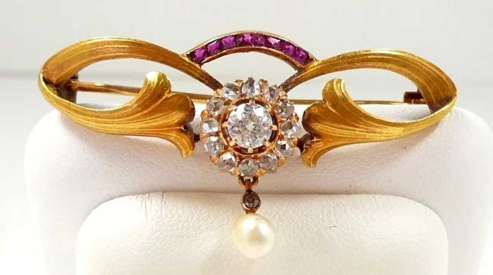 Artistic Art Nouveau Ruby Diamond Pearl Brooch c.… - image 4