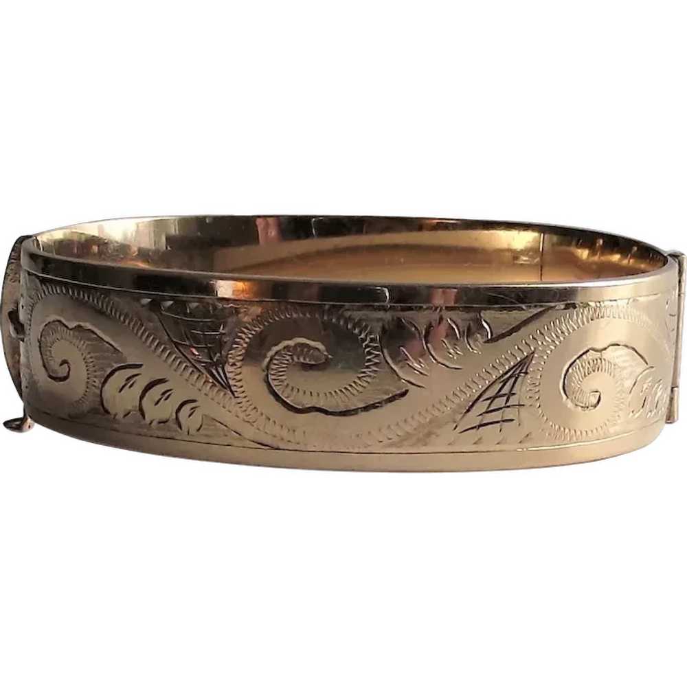 9Kt Gold over Bronze Bangle Machine Etched Vintage - image 1