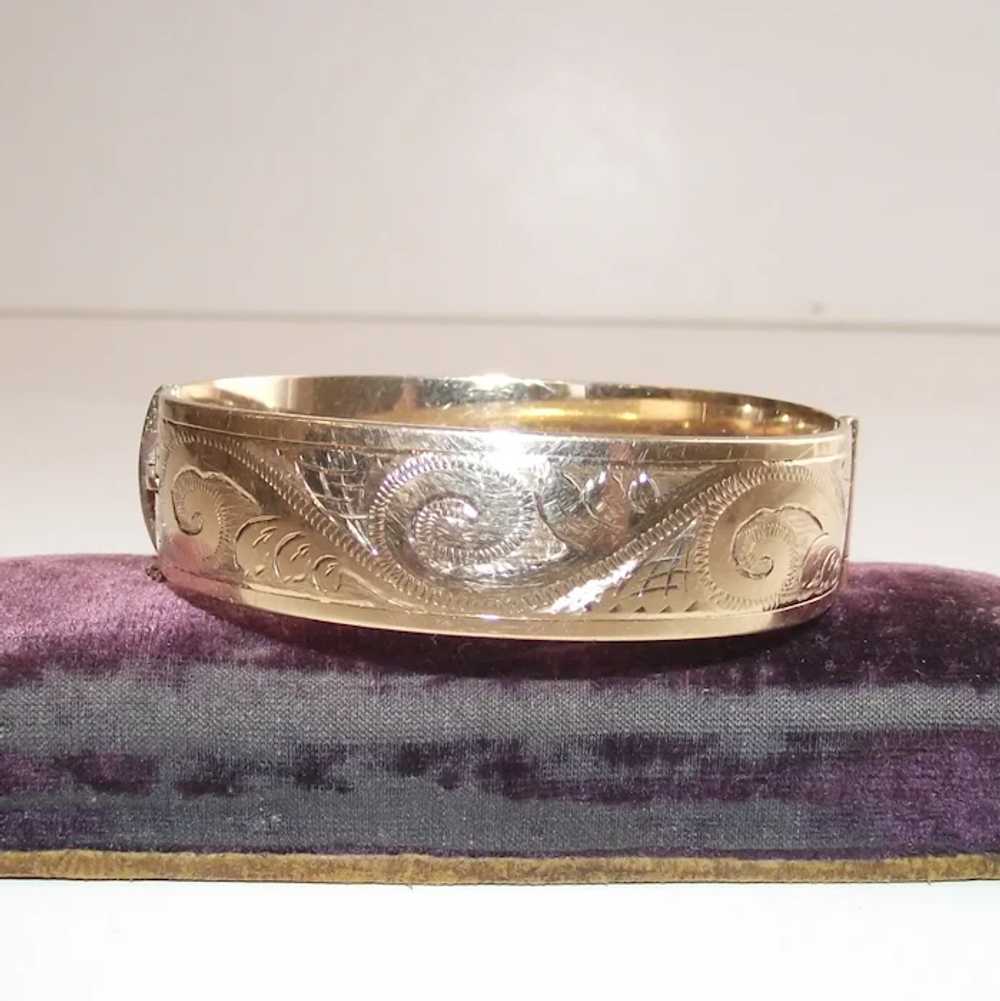 9Kt Gold over Bronze Bangle Machine Etched Vintage - image 2