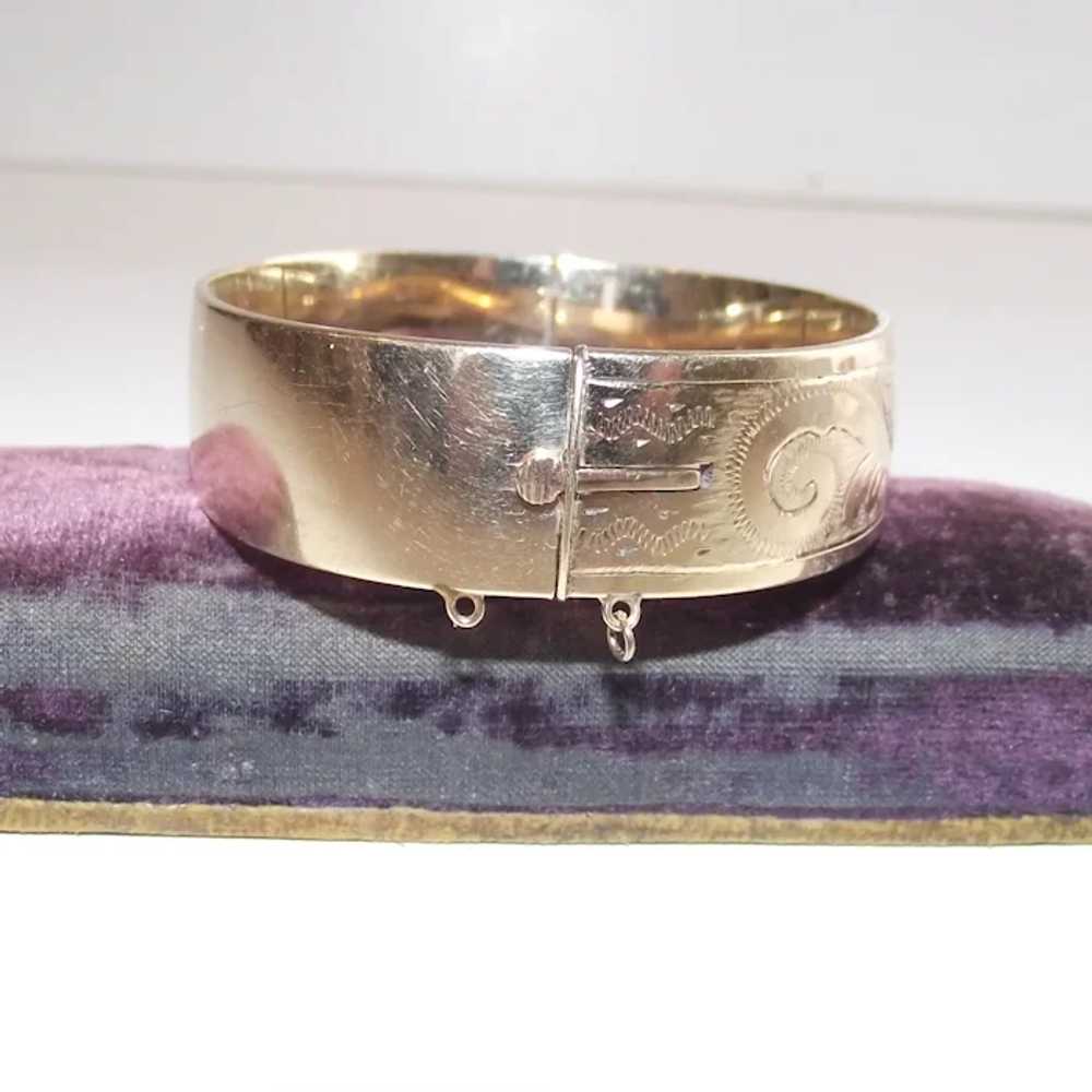 9Kt Gold over Bronze Bangle Machine Etched Vintage - image 5