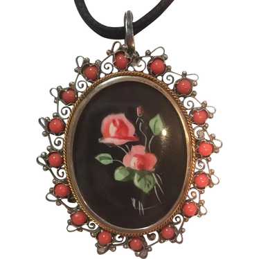 Antique 800 Silver Hand Painted Rose pendant/broo… - image 1