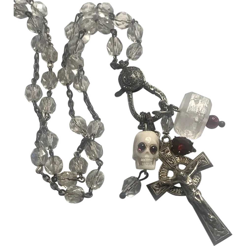 Rock Crystal, Rose Diamond, Skull, Garnet rosary … - image 1