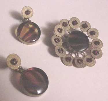 Vintage Glass Tiger's Eye and Rhinestone Pin and … - image 1