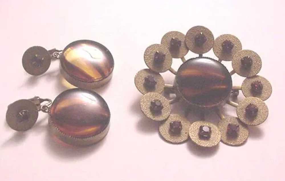 Vintage Glass Tiger's Eye and Rhinestone Pin and … - image 2