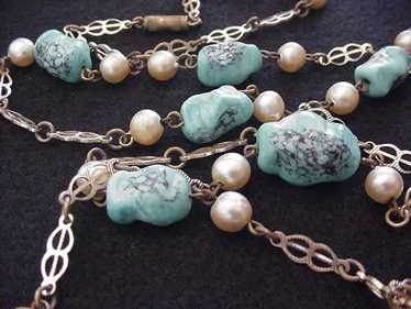 Turquoise  Glass Long Chain Necklace - image 1