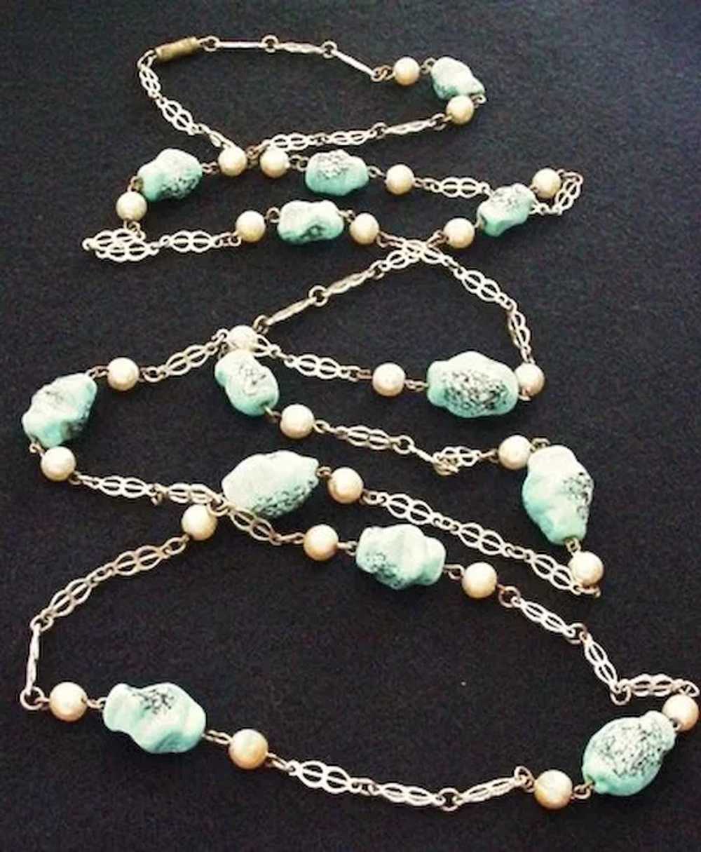 Turquoise  Glass Long Chain Necklace - image 2