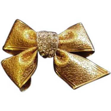 Fab Embossed Brass and Rhinestone Bow Pin