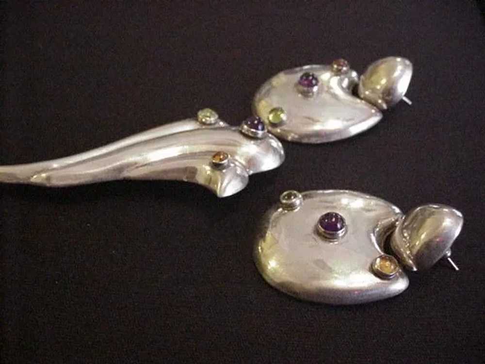 Sterling Silver and Semi Precious Pin and Earrings - image 2